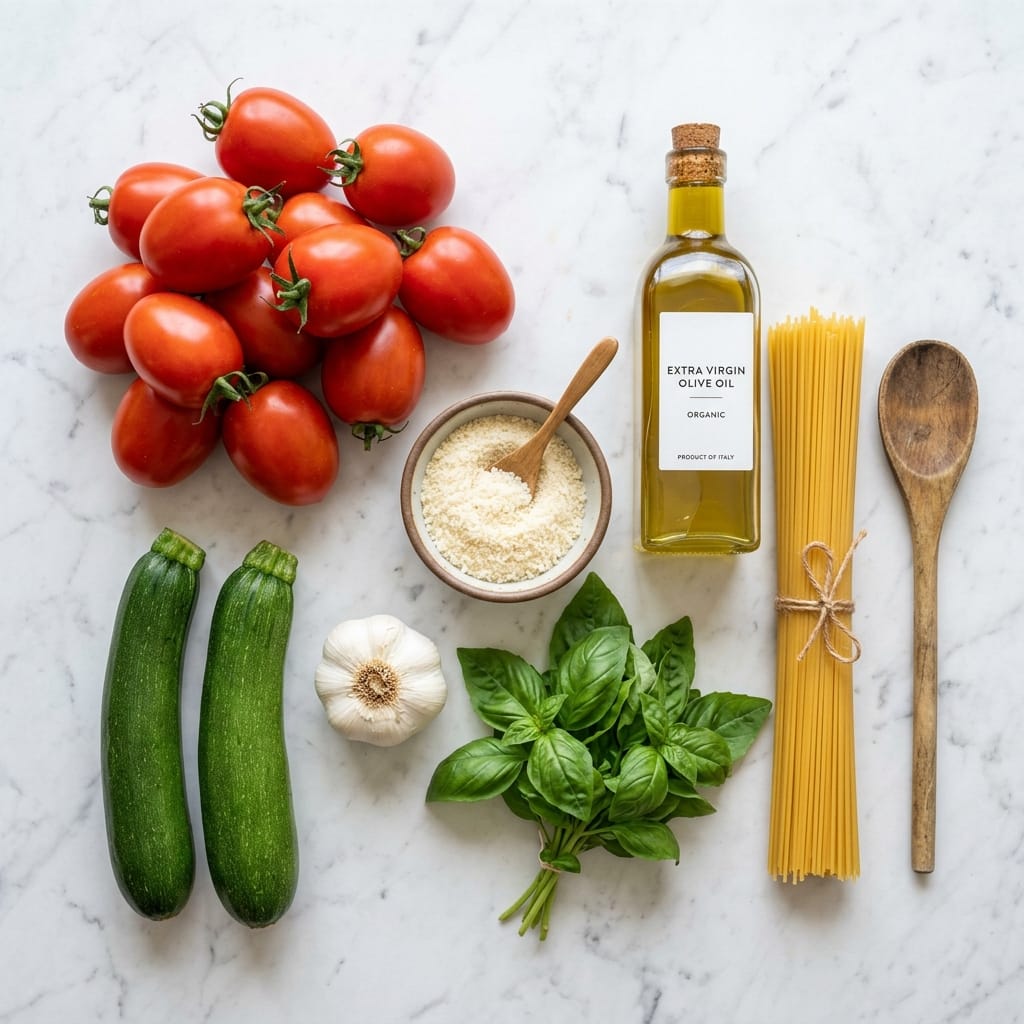 This Tomato Zucchini Pasta is the perfect quick and easy summer dinner. Made in one pan with fresh tomatoes and zucchini, it is ready in just 25 minutes. A delicious and healthy weeknight meal the whole family will love.
