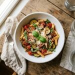 This Tomato Zucchini Pasta is the perfect quick and easy summer dinner. Made in one pan with fresh tomatoes and zucchini, it is ready in just 25 minutes. A delicious and healthy weeknight meal the whole family will love.