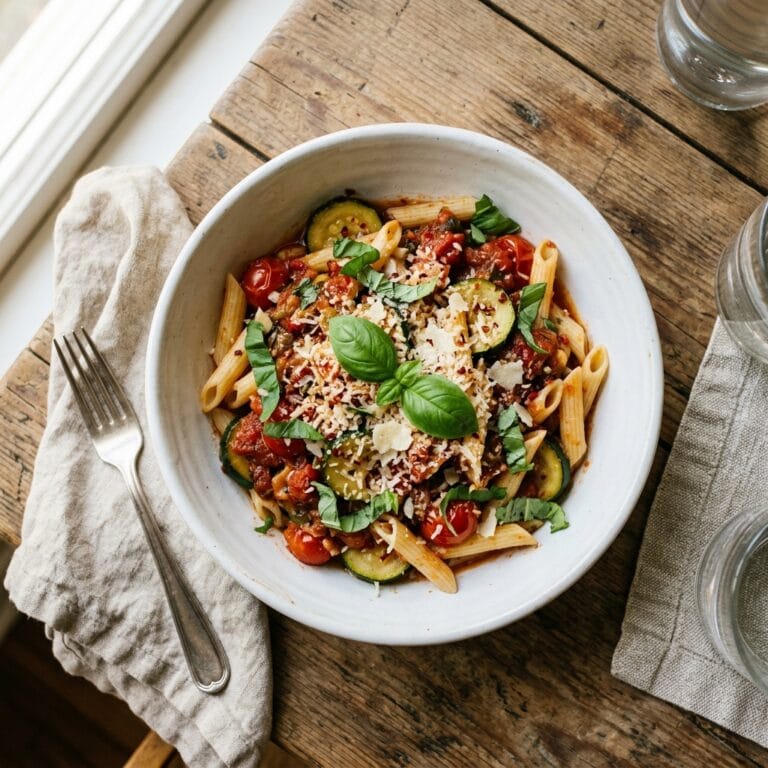 This Tomato Zucchini Pasta is the perfect quick and easy summer dinner. Made in one pan with fresh tomatoes and zucchini, it is ready in just 25 minutes. A delicious and healthy weeknight meal the whole family will love.