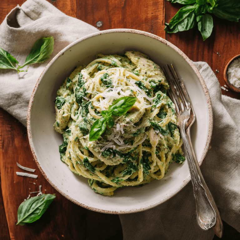 Simple Creamy Chicken Pesto Pasta with Spinach