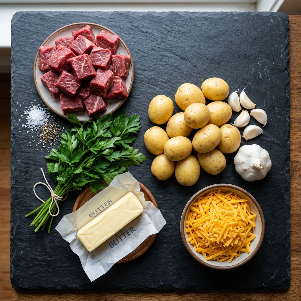 Butter Steak Bites and Cheesy Smashed Potatoes