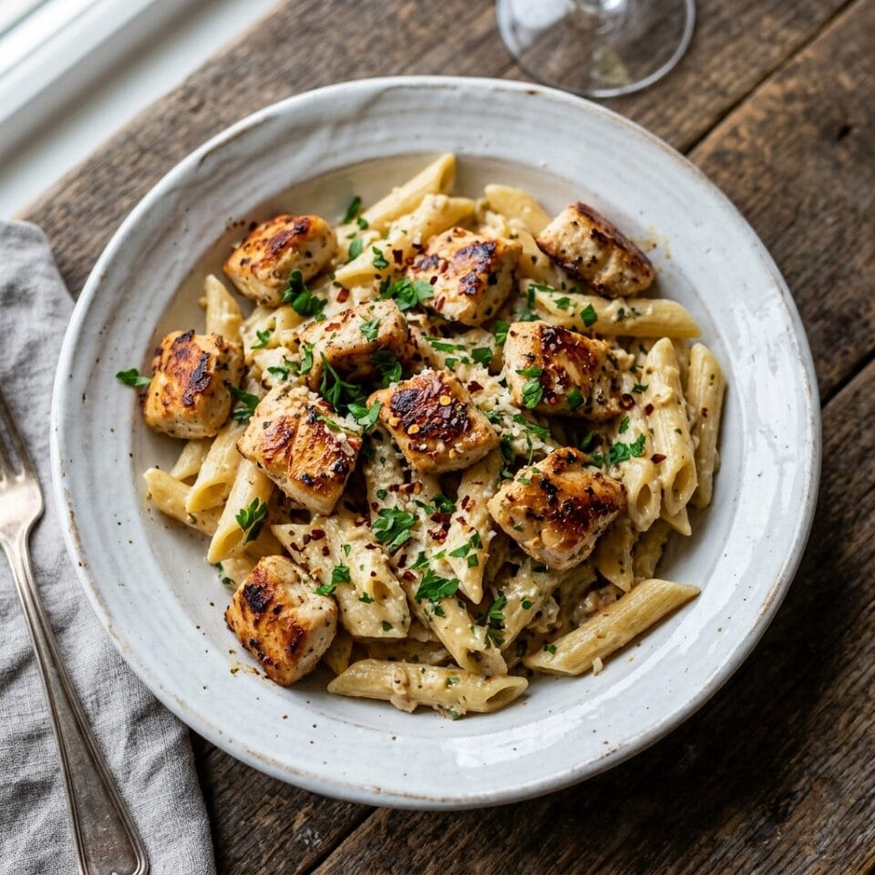 Garlic Butter Chicken Bites with Savory Creamy Parmesan Pasta