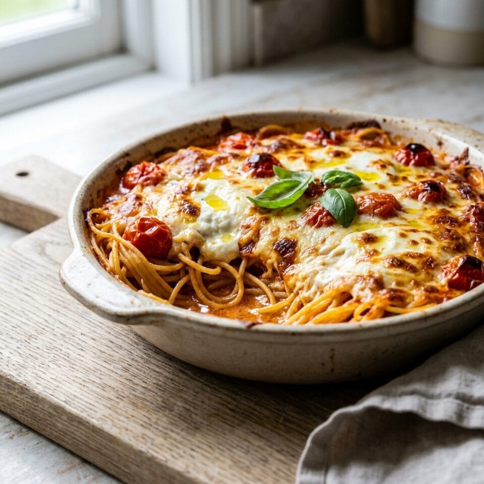 Roasted Tomato Burrata Baked Spaghetti
