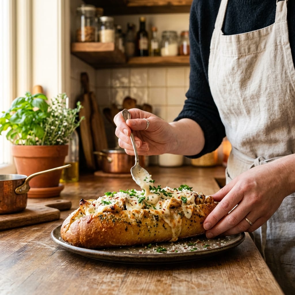 The Viral Chicken Alfredo Garlic Bread I'm Obsessed With