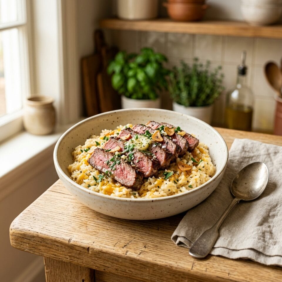 Garlic Butter Steak & Cheddar Rice Bowls