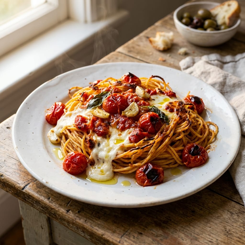 Roasted Tomato Burrata Baked Spaghetti