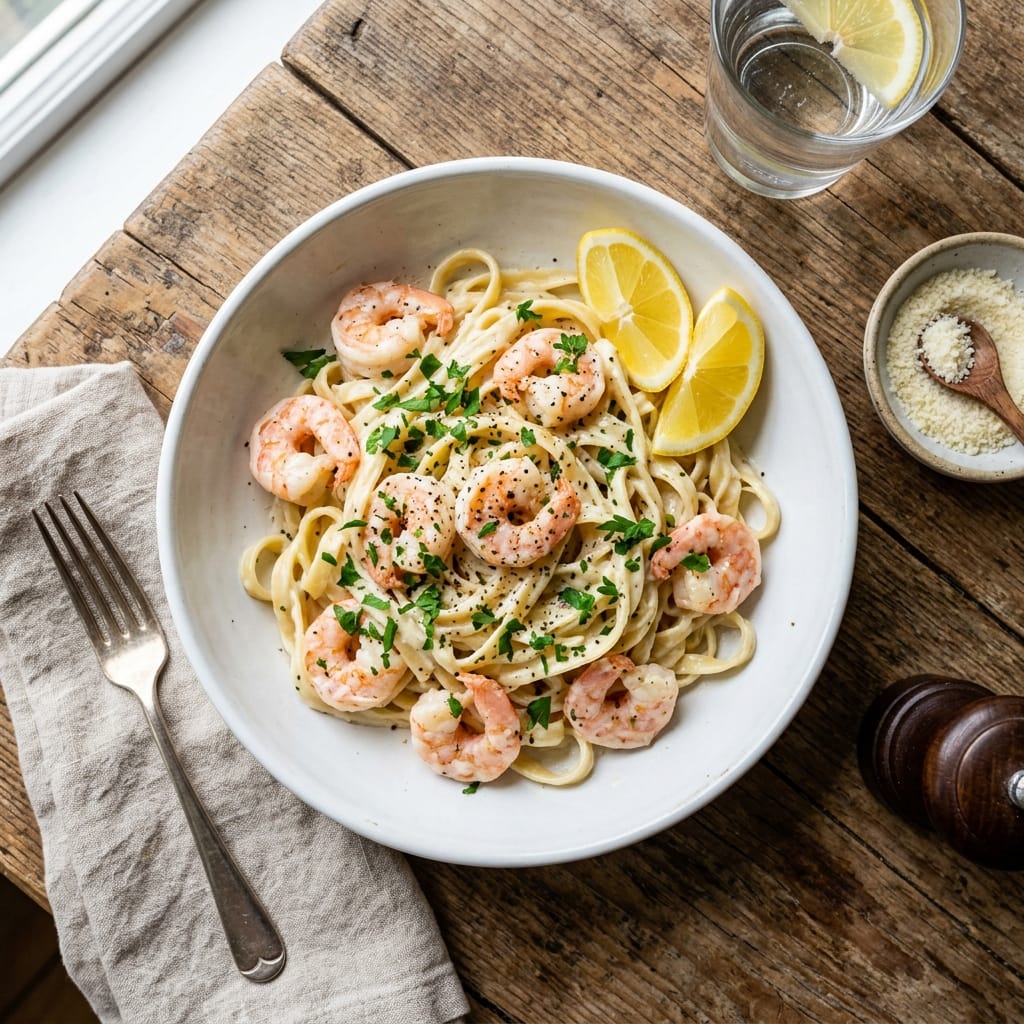 creamy shrimp fettuccine pasta with homemade alfredo sauce