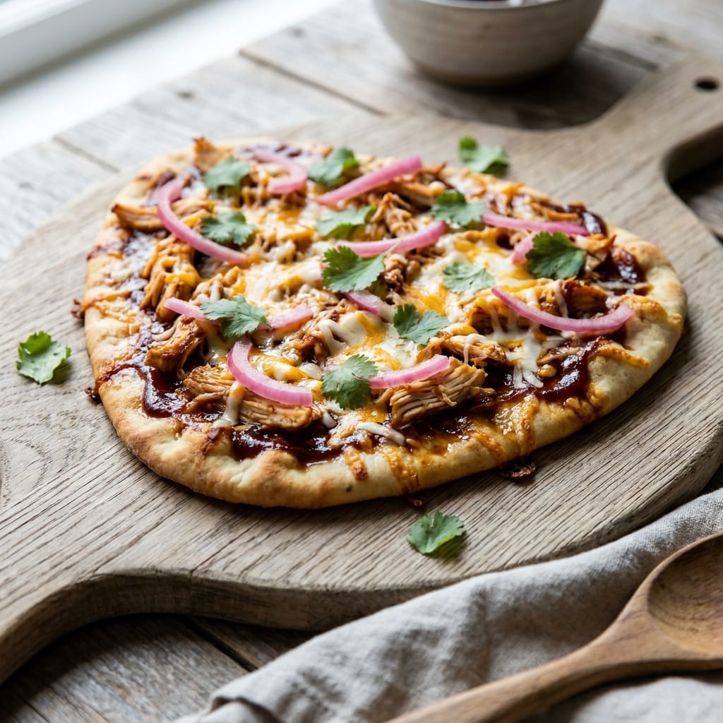 BBQ Chicken Flatbread Pizza with Pickled Red Onions