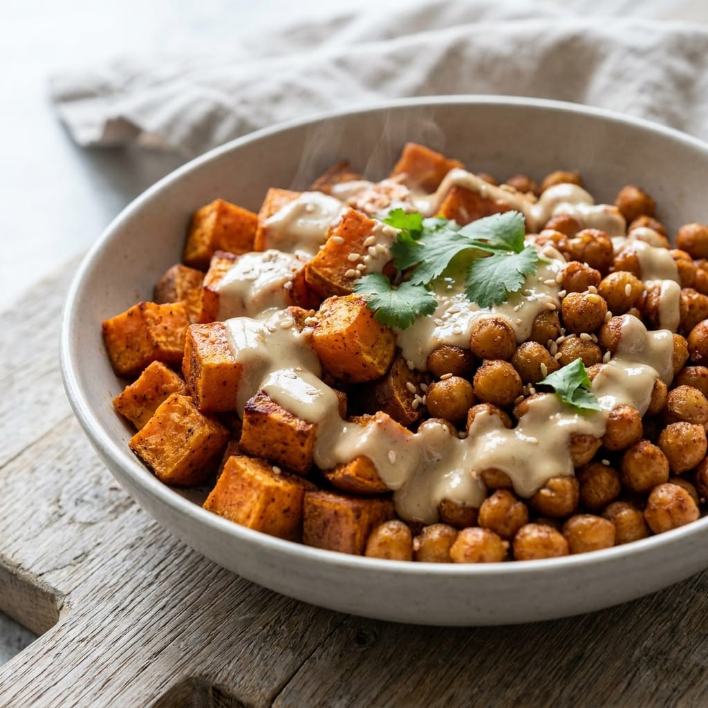 Crispy Sweet Potato Chickpea Tahini Bowls