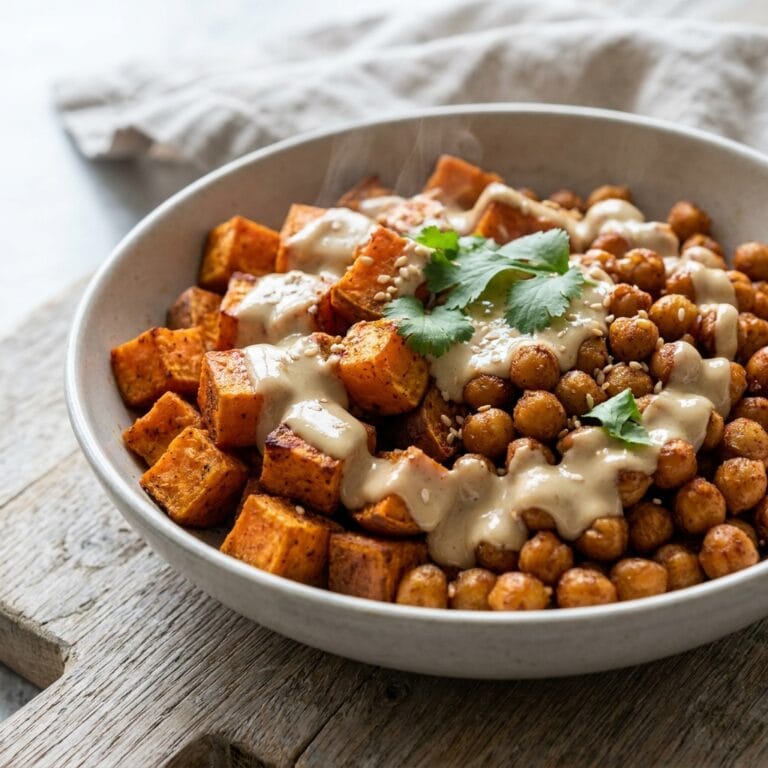 Crispy Sweet Potato Chickpea Tahini Bowls