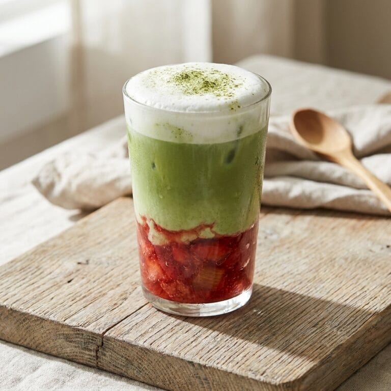 Iced Strawberry Rhubarb Matcha Latte with Cold Foam