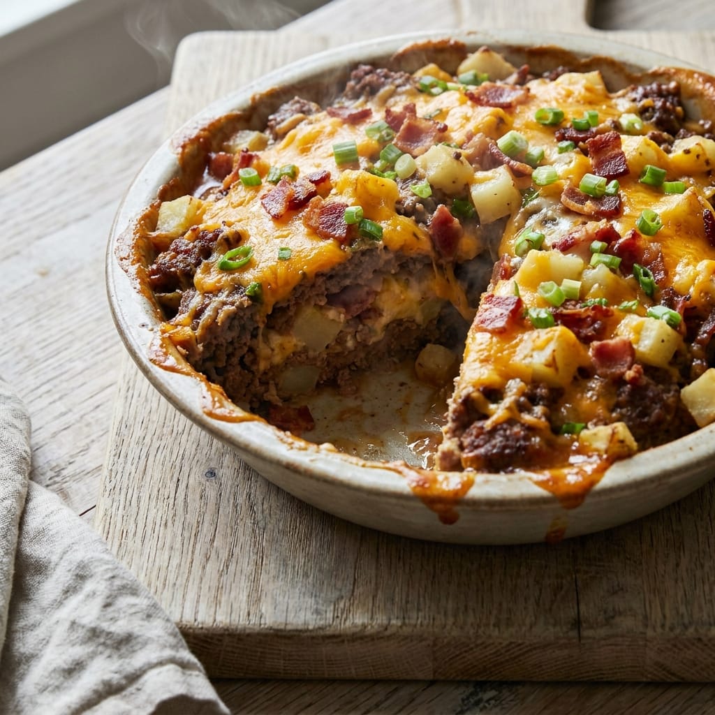 Cheesy Bacon Stuffed Loaded Potato Meatloaf Bake