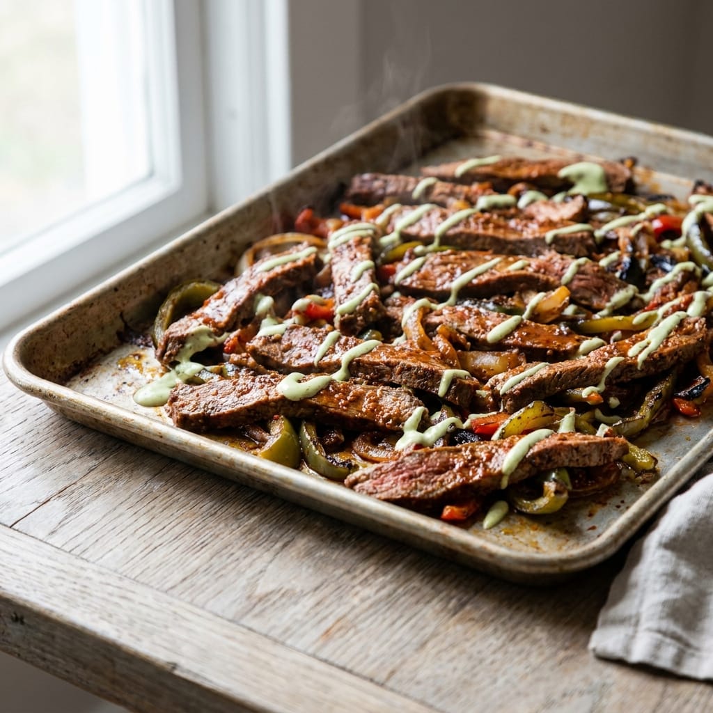Chipotle Steak Fajita Sheet Pan with Lime Crema