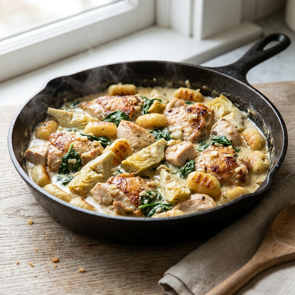 Creamy Spinach Artichoke Gnocchi Skillet with Chicken