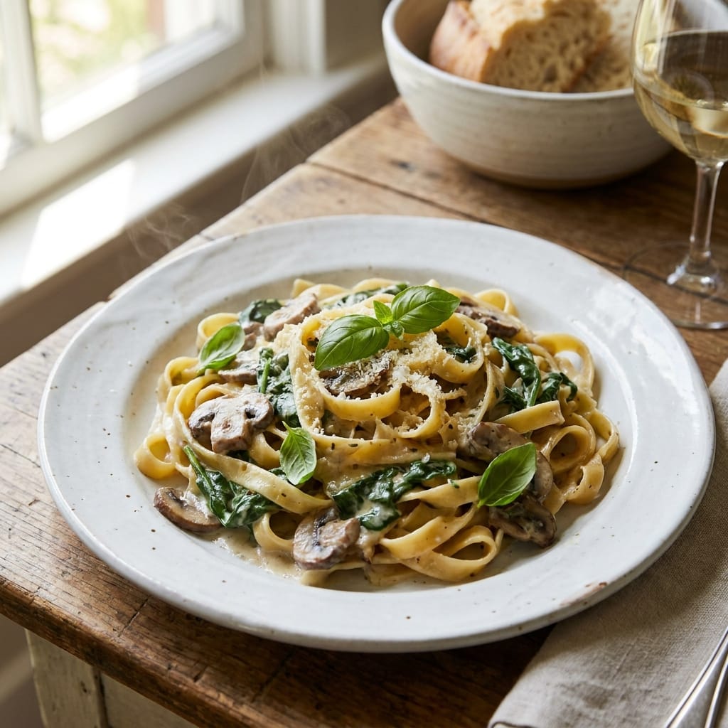 Creamy Spinach Mushroom One Pot Pasta