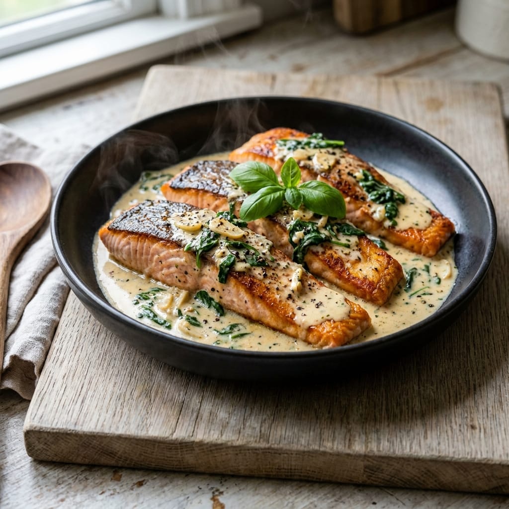 Creamy Tuscan Salmon with Garlic Spinach Sauce