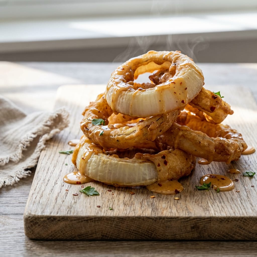 Crispy Smashed Onion Ring Stack with Hot Honey Ranch