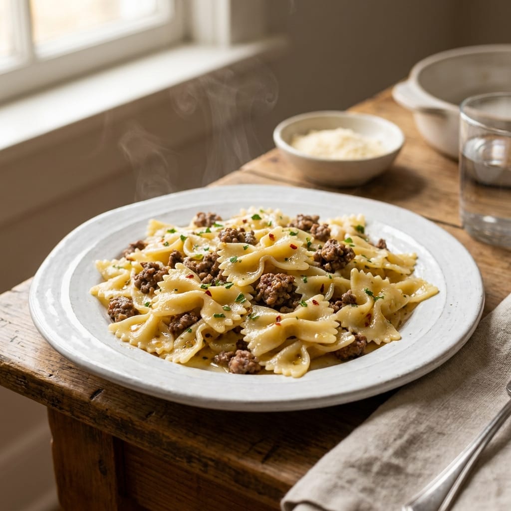 Garlic Butter Bowtie Pasta with Beef – Simple, Savory & Perfect