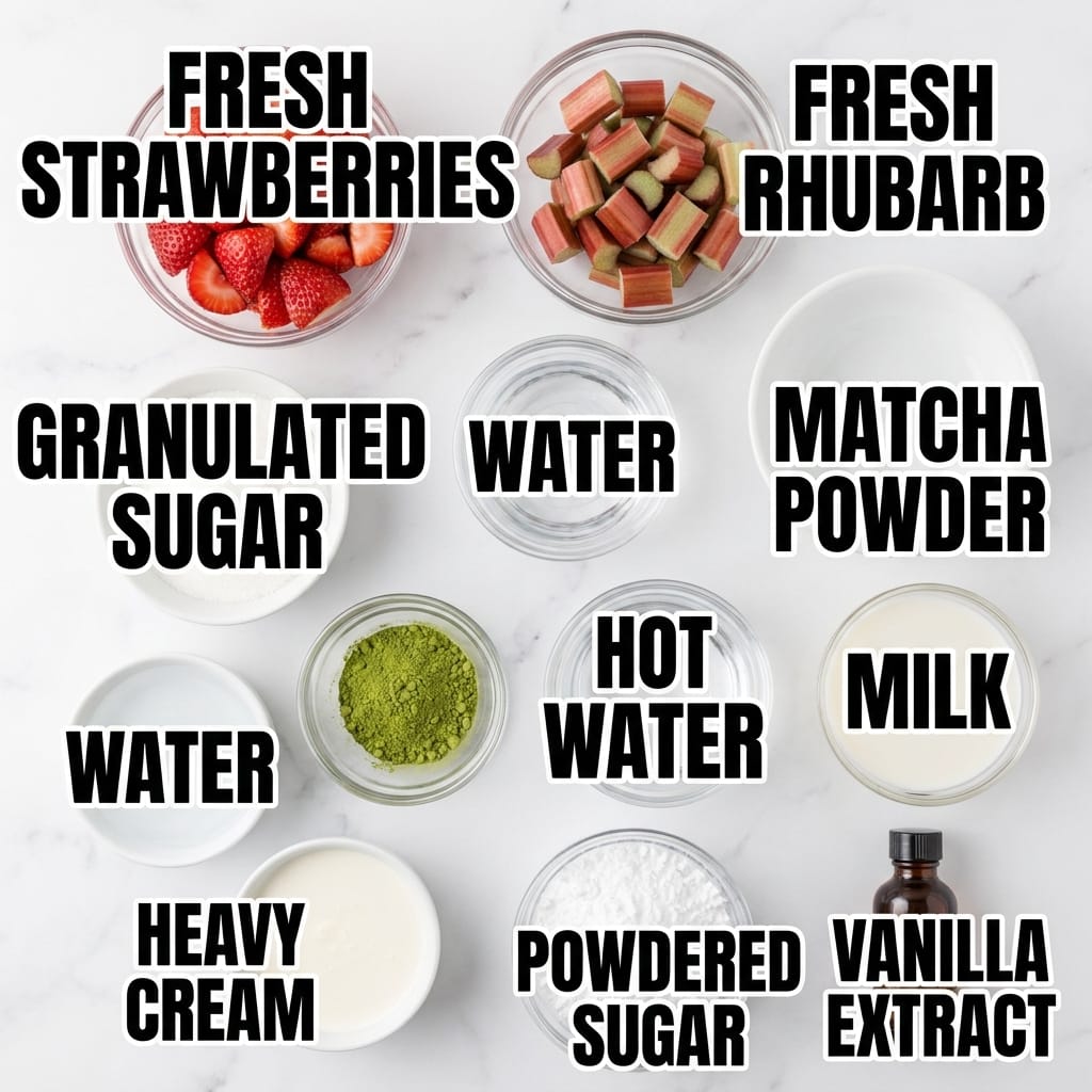 Iced Strawberry Rhubarb Matcha Latte with Cold Foam