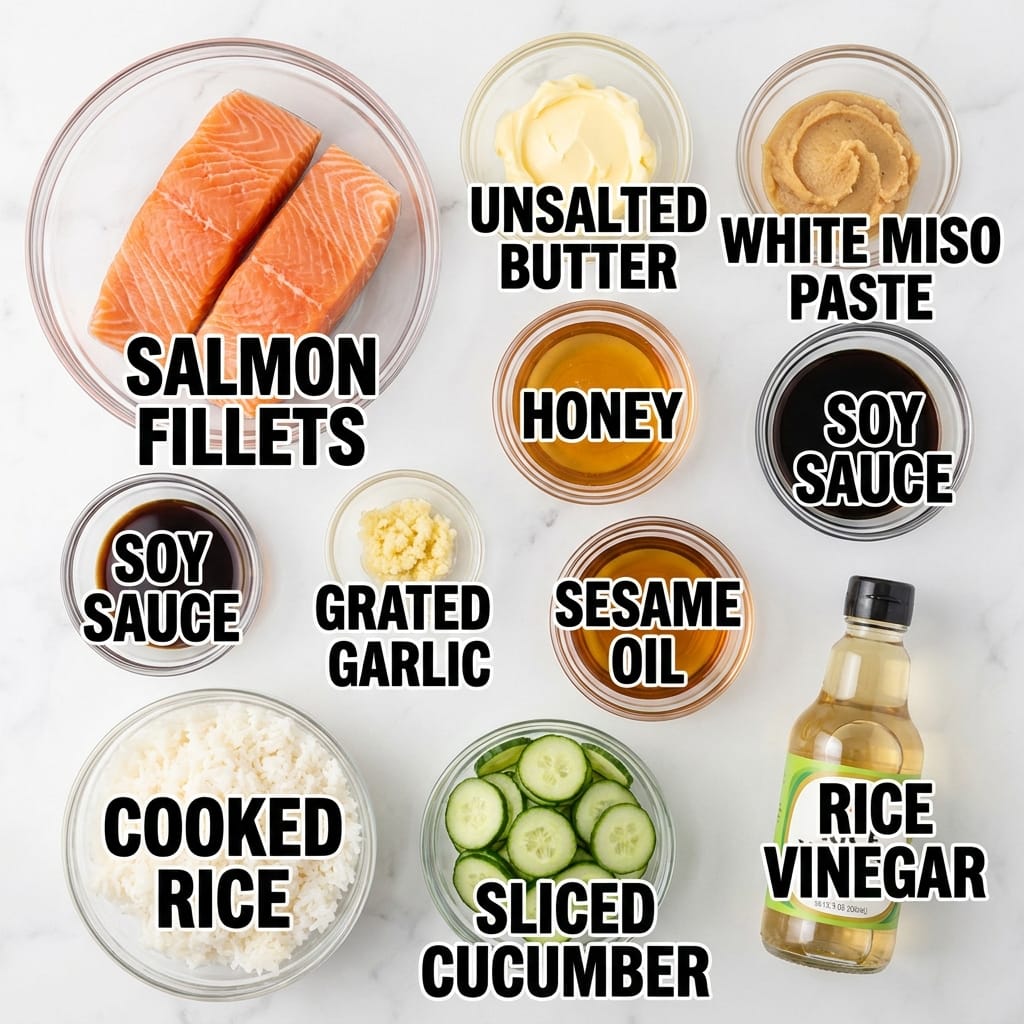 Miso Butter Salmon Rice Bowls with Cucumber Salad