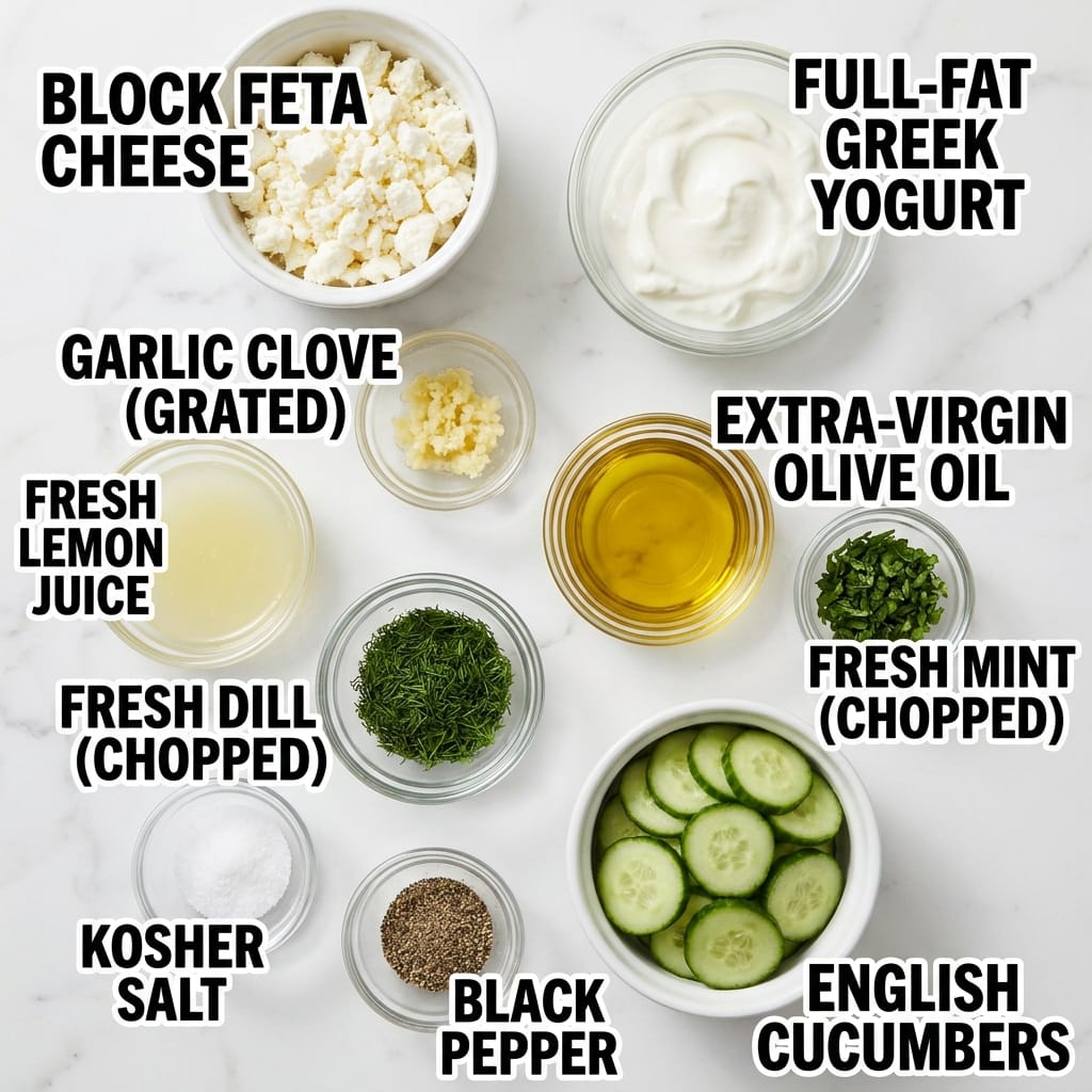 Whipped Feta Tzatziki Bowl with Chili Crisp Cucumbers