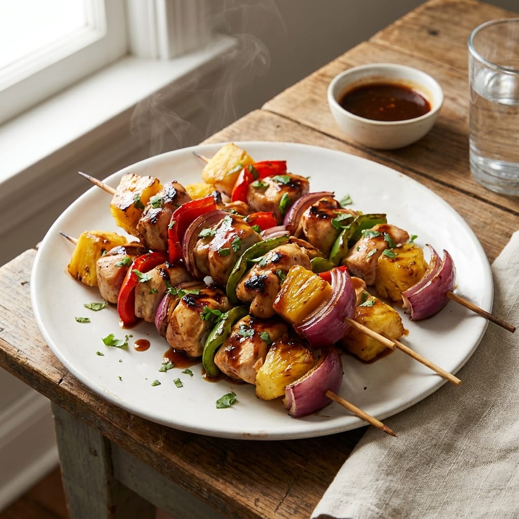 BBQ Pineapple Chicken Kabobs with Teriyaki Glaze and Grilled Veggies
