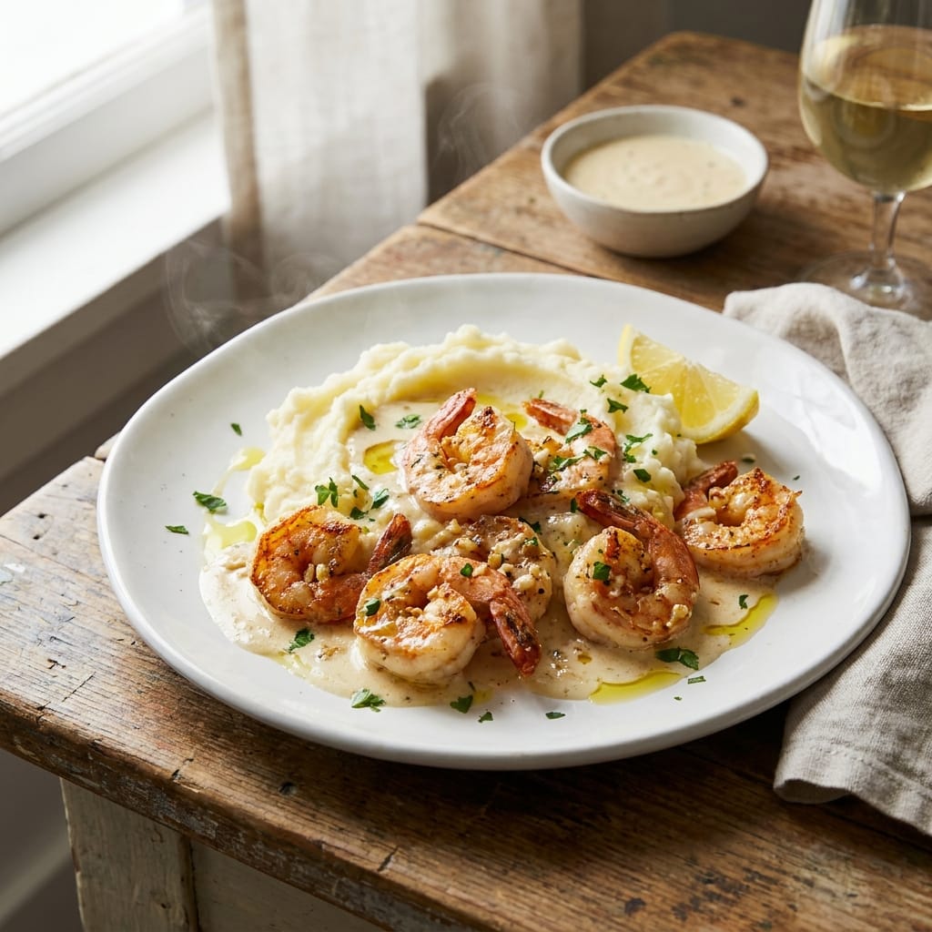Creamy Garlic Shrimp Over Mashed Potatoes - A Decadent Seafood Dinner Recipe