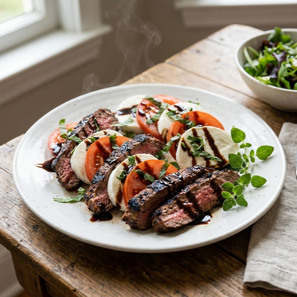 Zesty Grilled Flank Steak Caprese drizzled with Balsamic Bliss