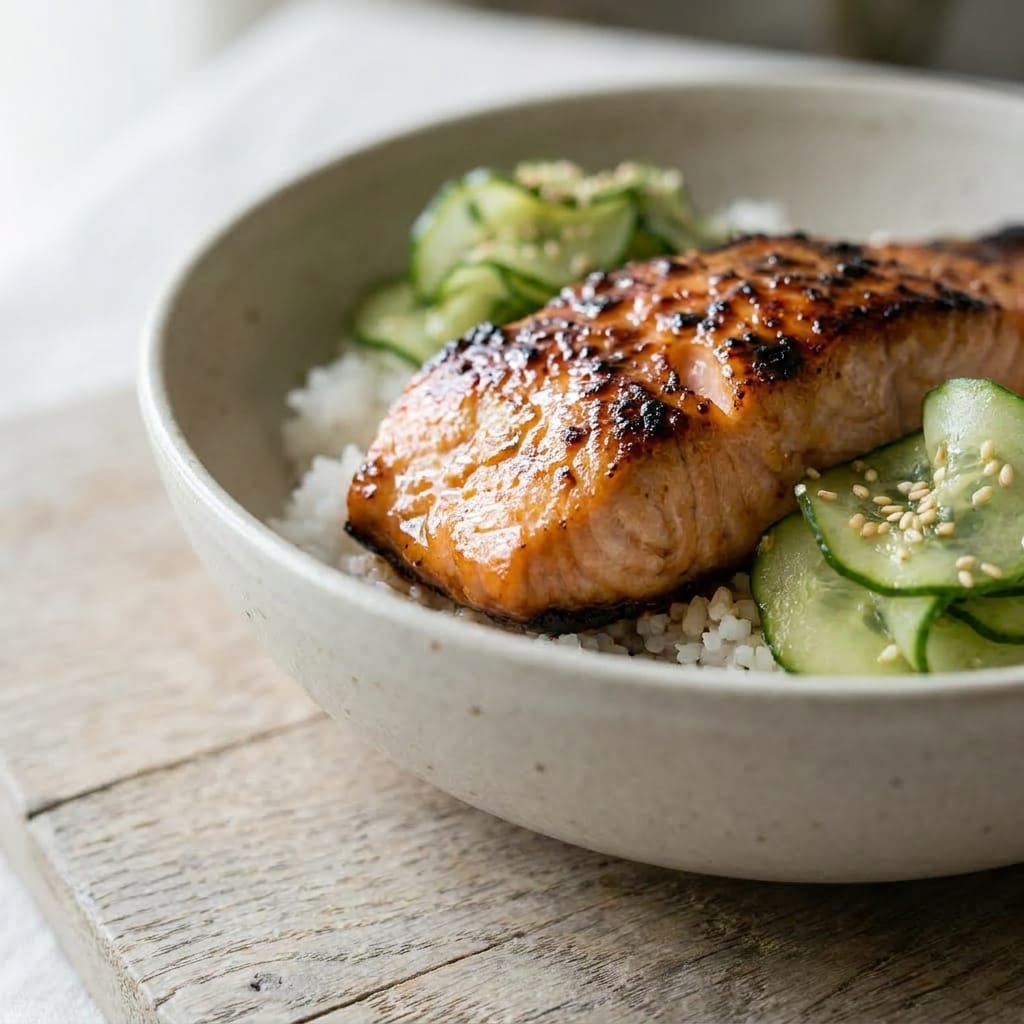 Miso Butter Salmon Rice Bowls with Cucumber Salad