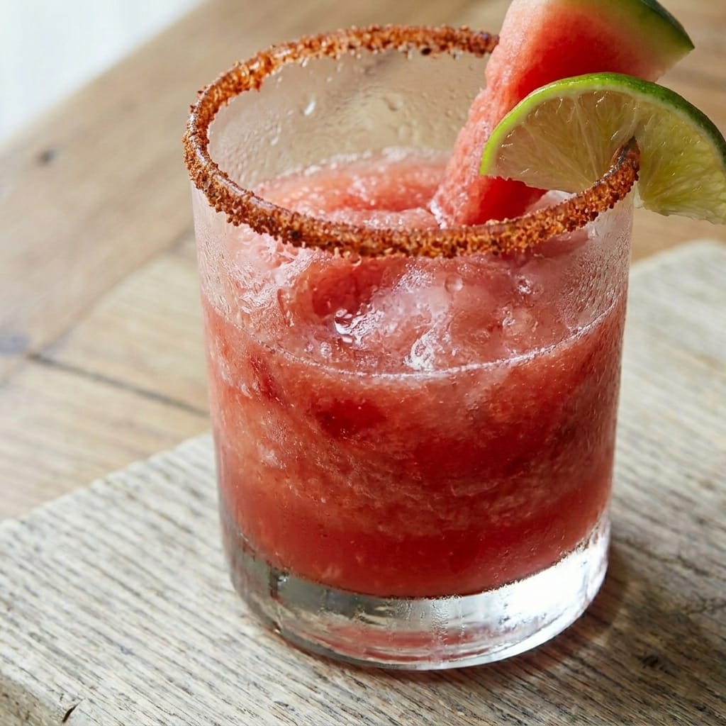 Frozen Watermelon Margarita Slush with Tajín Rim