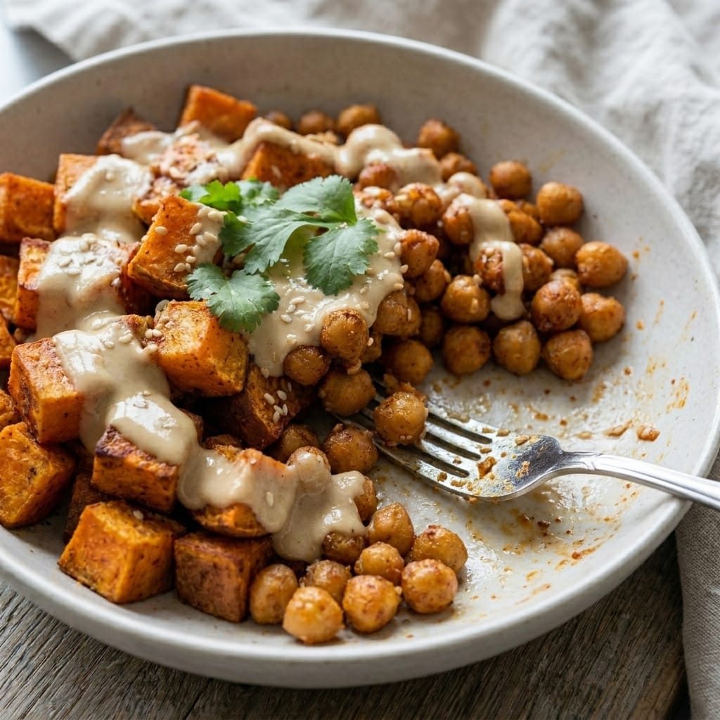 Crispy Sweet Potato Chickpea Tahini Bowls