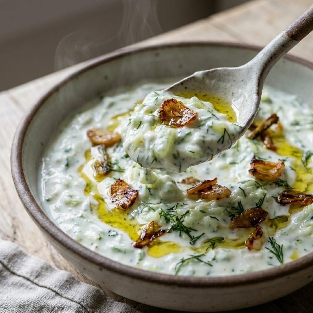 Crispy Garlic Scape Tzatziki Dip