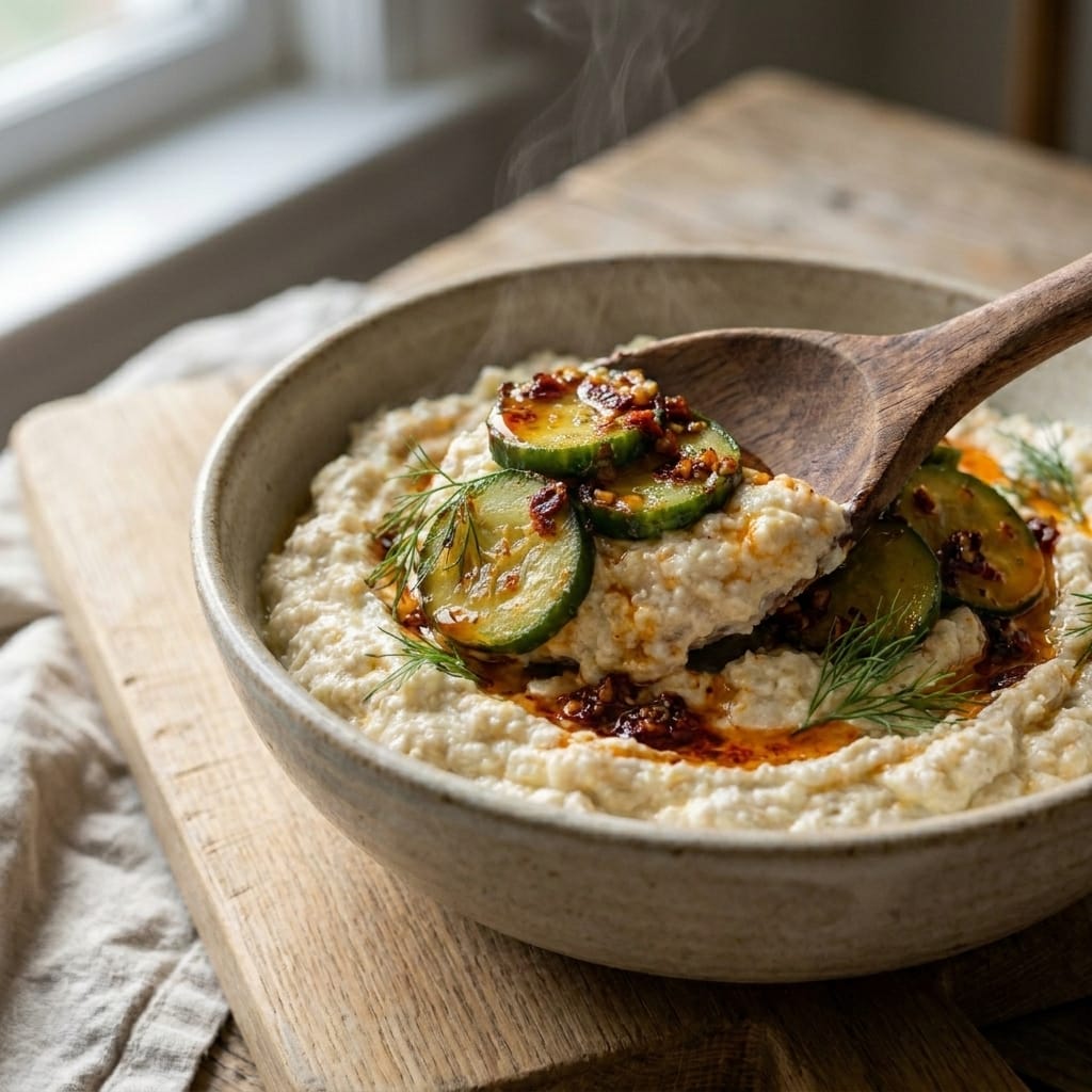 Whipped Feta Tzatziki Bowl with Chili Crisp Cucumbers