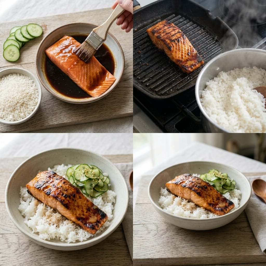 Miso Butter Salmon Rice Bowls with Cucumber Salad