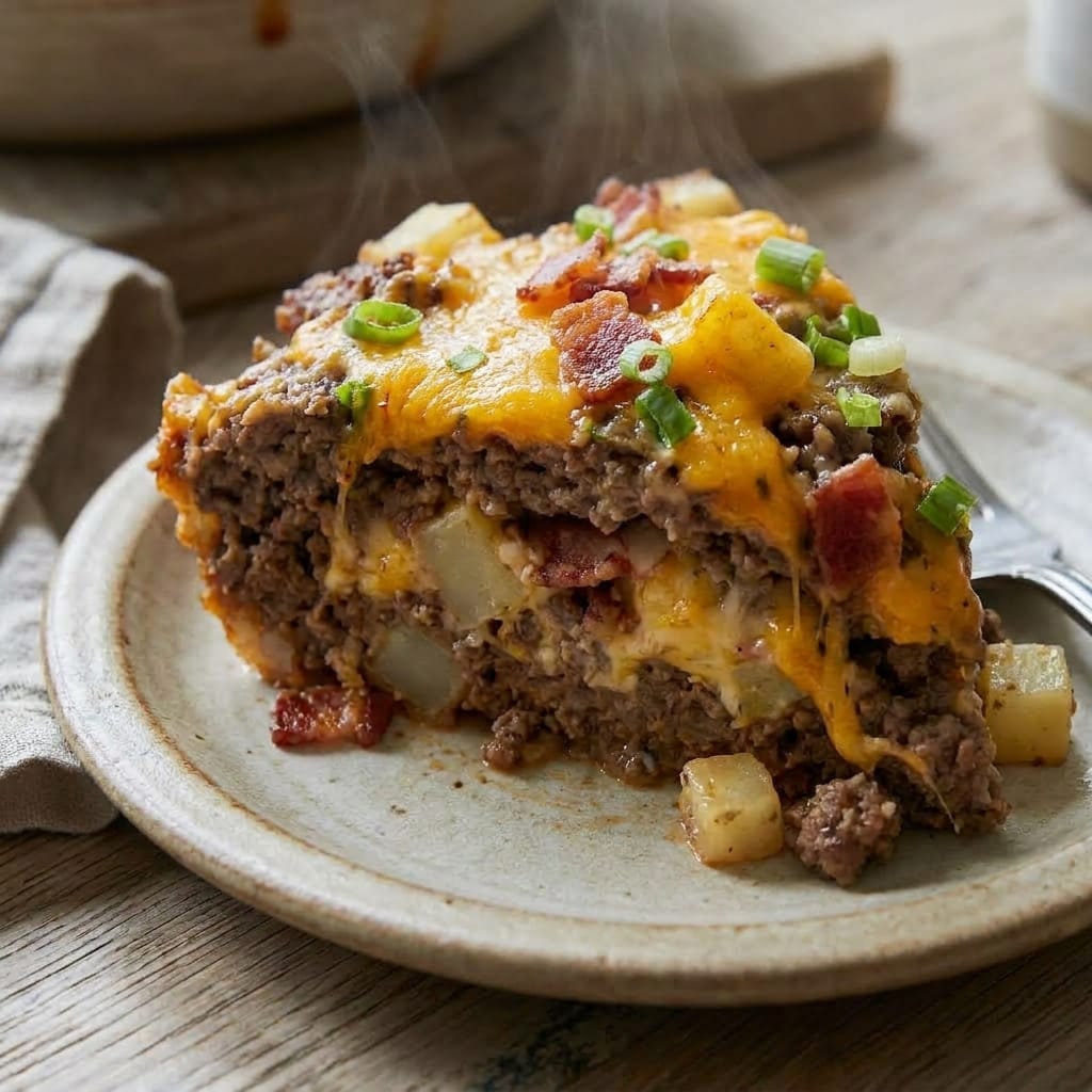 Cheesy Bacon Stuffed Loaded Potato Meatloaf Bake