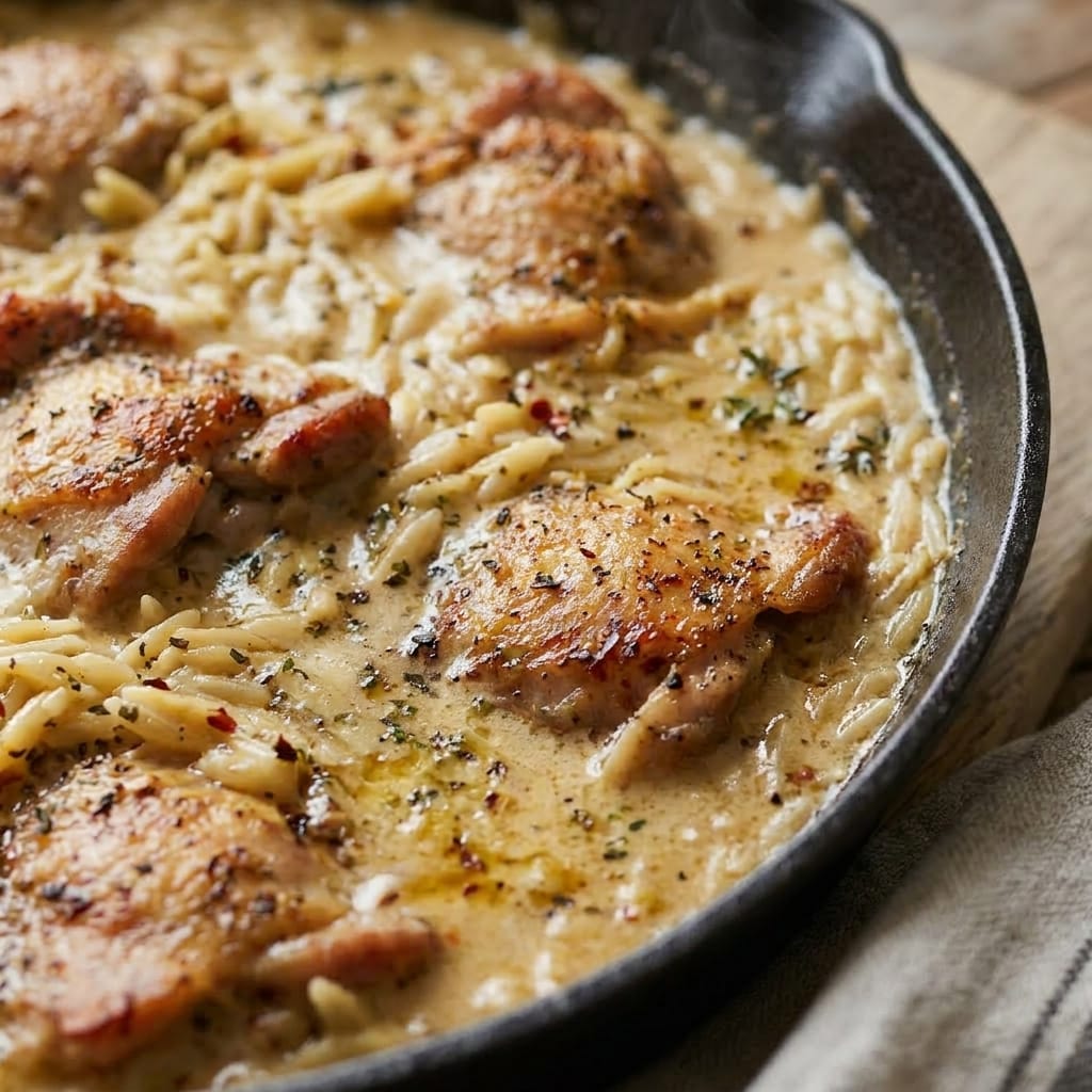 One-Pan Creamy Tuscan Chicken Orzo Bake