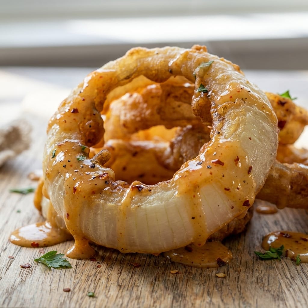 Crispy Smashed Onion Ring Stack with Hot Honey Ranch