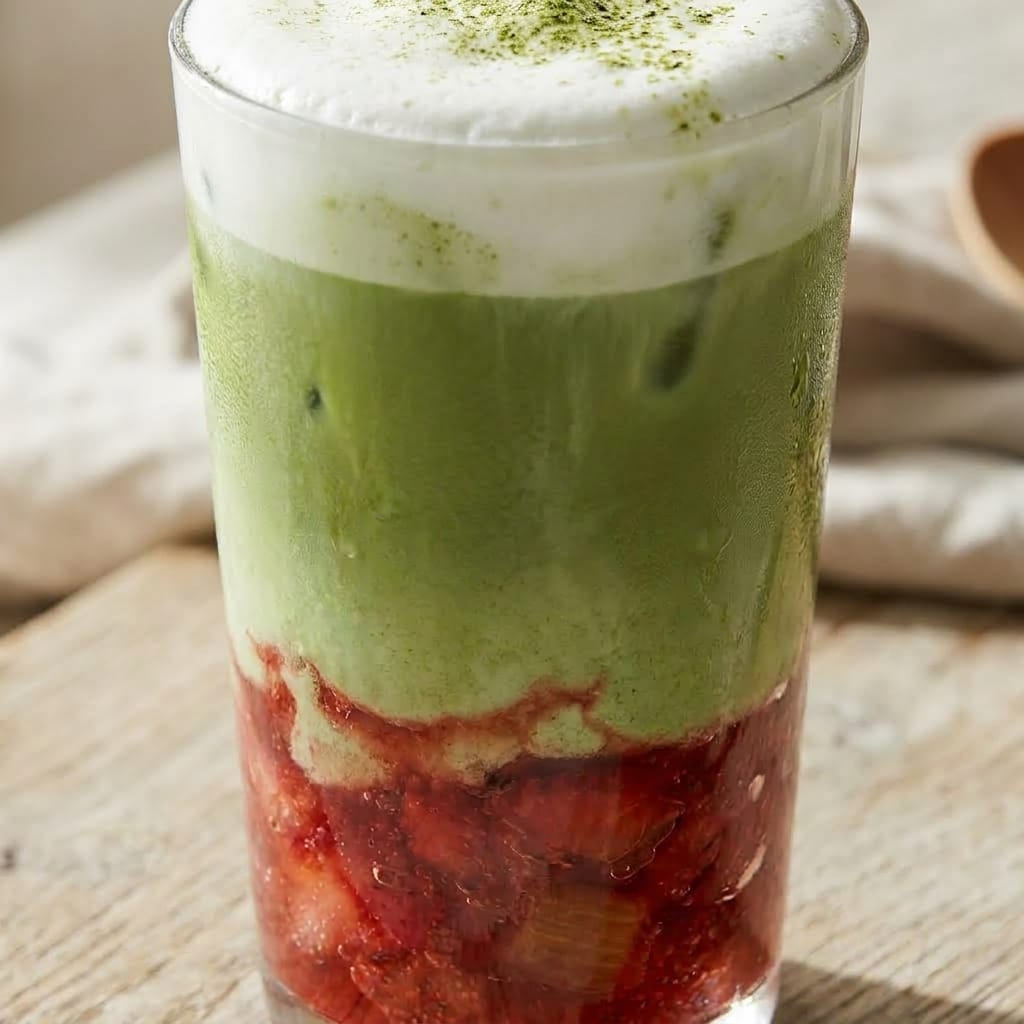 Iced Strawberry Rhubarb Matcha Latte with Cold Foam