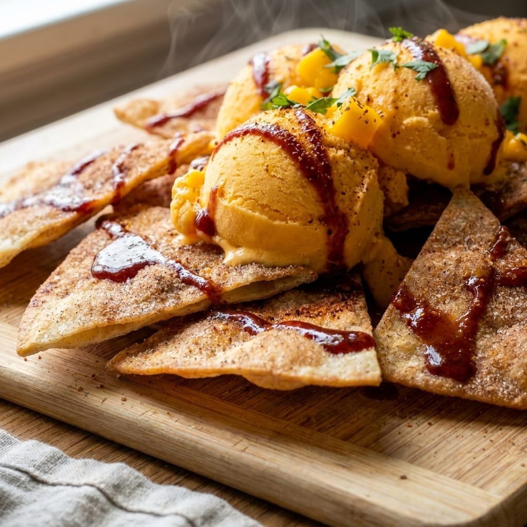 Tajín Mango Ice Cream Nachos with Chamoy Drizzle