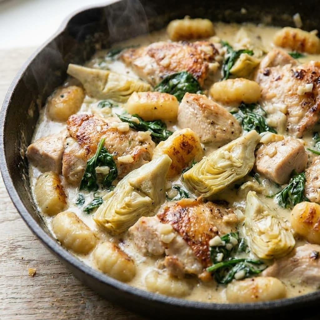 Creamy Spinach Artichoke Gnocchi Skillet with Chicken