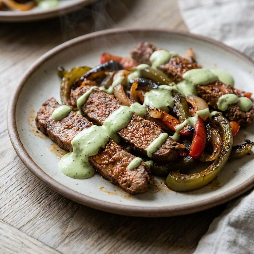 Chipotle Steak Fajita Sheet Pan with Lime Crema