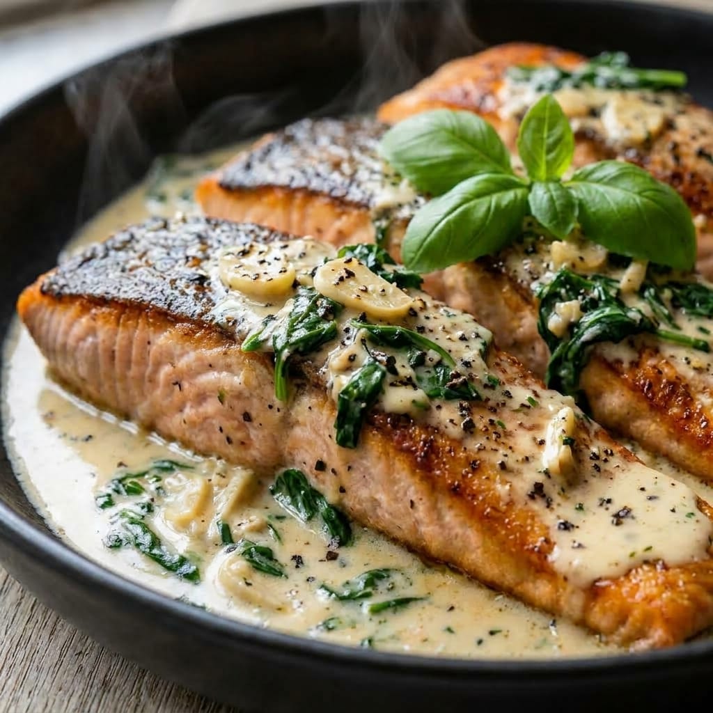 Creamy Tuscan Salmon with Garlic Spinach Sauce