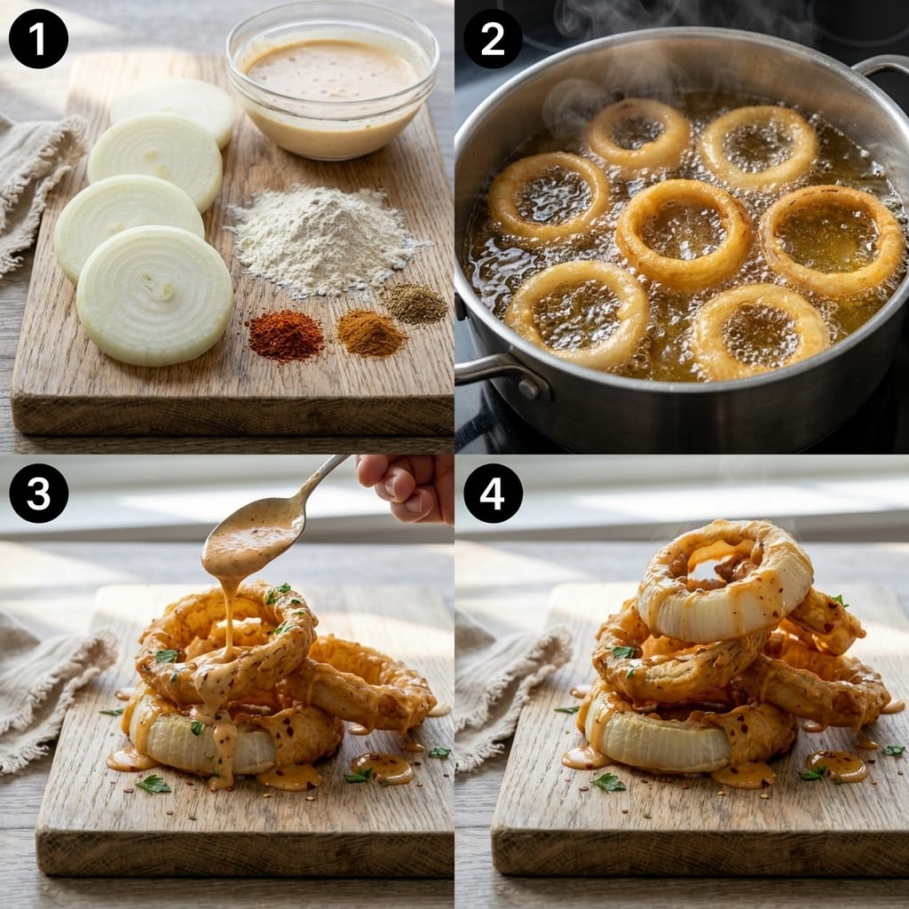 Crispy Smashed Onion Ring Stack with Hot Honey Ranch