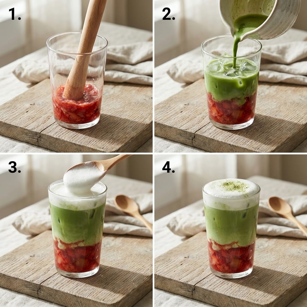 Iced Strawberry Rhubarb Matcha Latte with Cold Foam