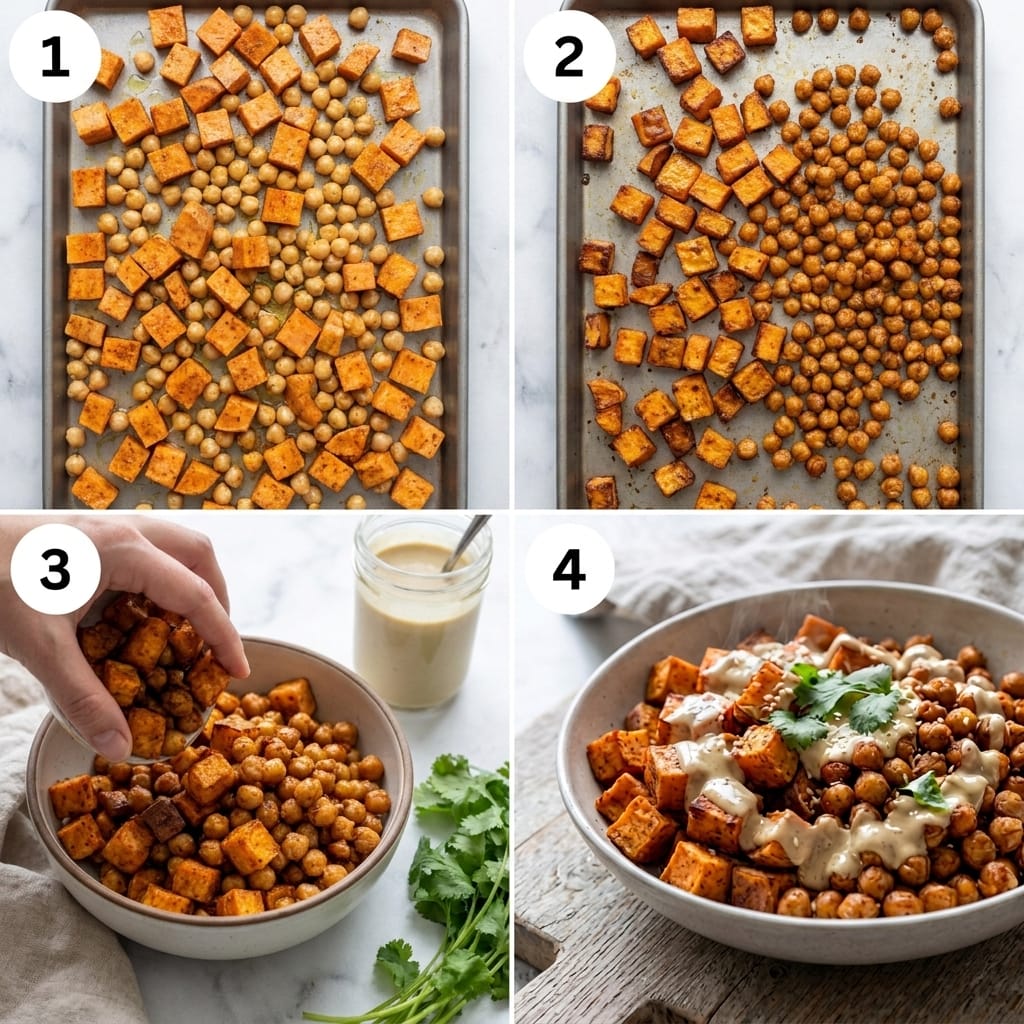 Crispy Sweet Potato Chickpea Tahini Bowls